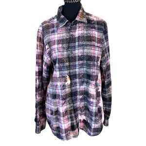 Bleached Flannel Button Down Shirt Size L Distressed Upcycled Custom